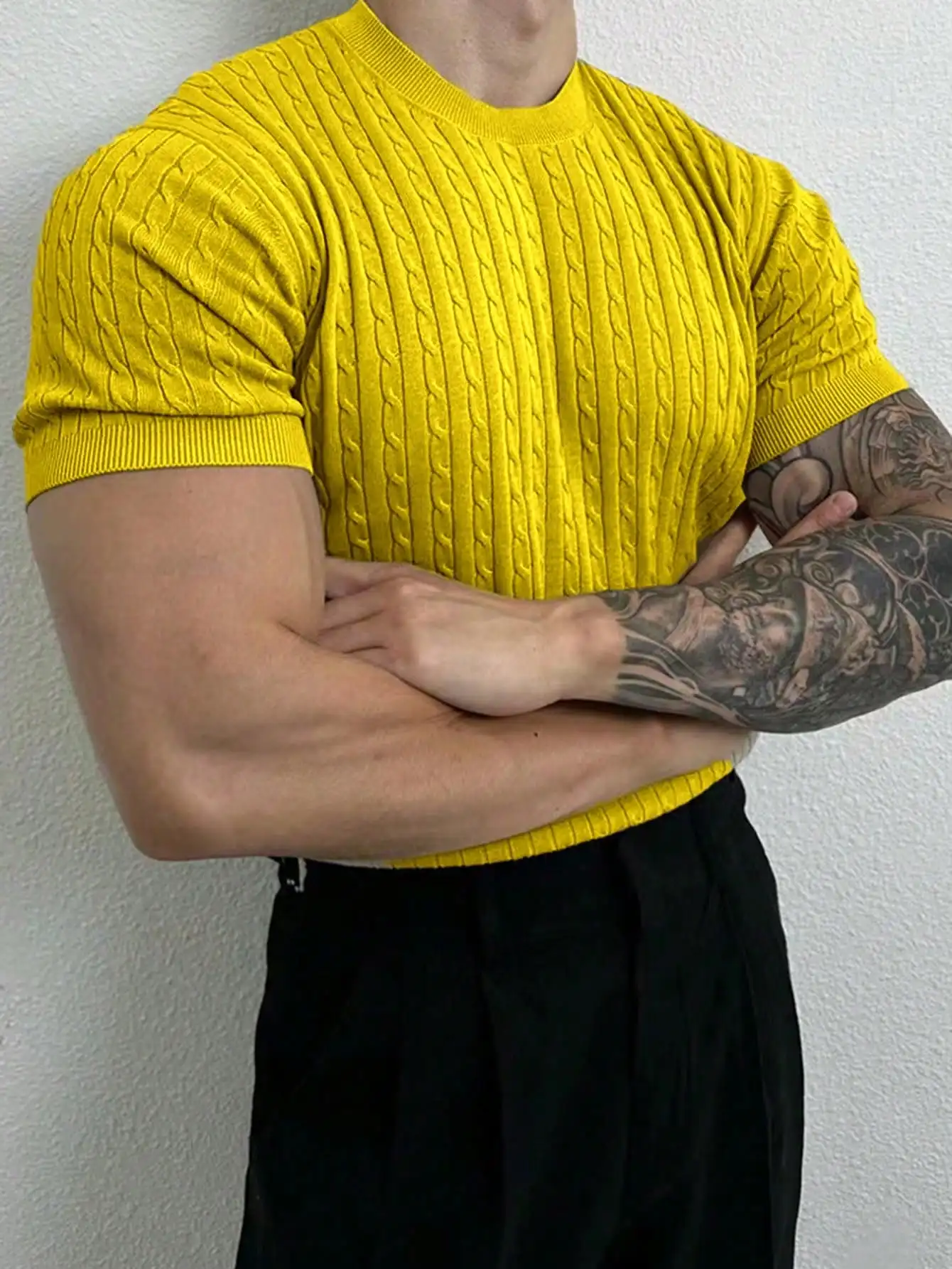 Mens Cable Knit Short Sleeve Pullover Sweater - Image 4