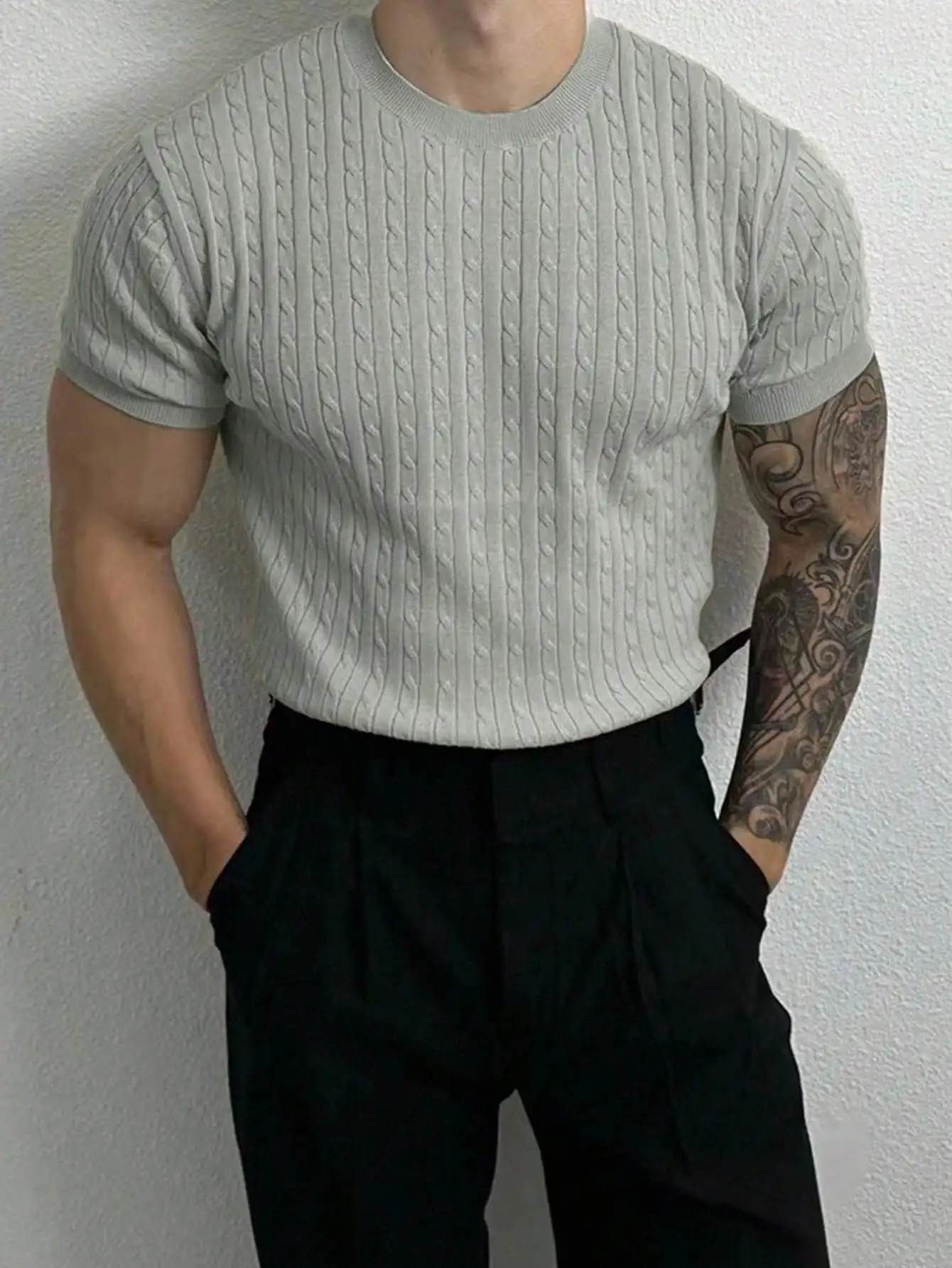 Mens Cable Knit Short Sleeve Pullover Sweater - Image 5