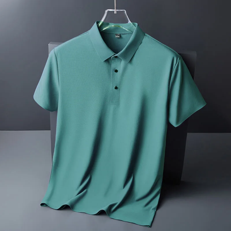 High quality wrinkle resistant ice silk short sleeve t-shirt men's summer Lapel loose casual solid color top high-end polo men - Image 3