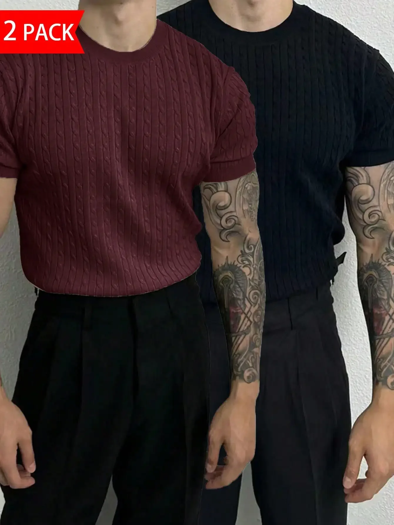 Mens Cable Knit Short Sleeve Pullover Sweater - Image 2
