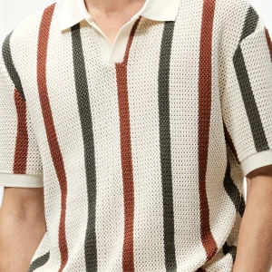 Men's Summer Chunky Knit Short-Sleeve Polo Shirt With Stripes And Contrast Colors, Casual Wear For Daily Outings