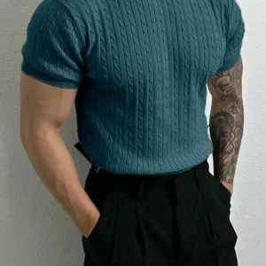Mens Cable Knit Short Sleeve Pullover Sweater