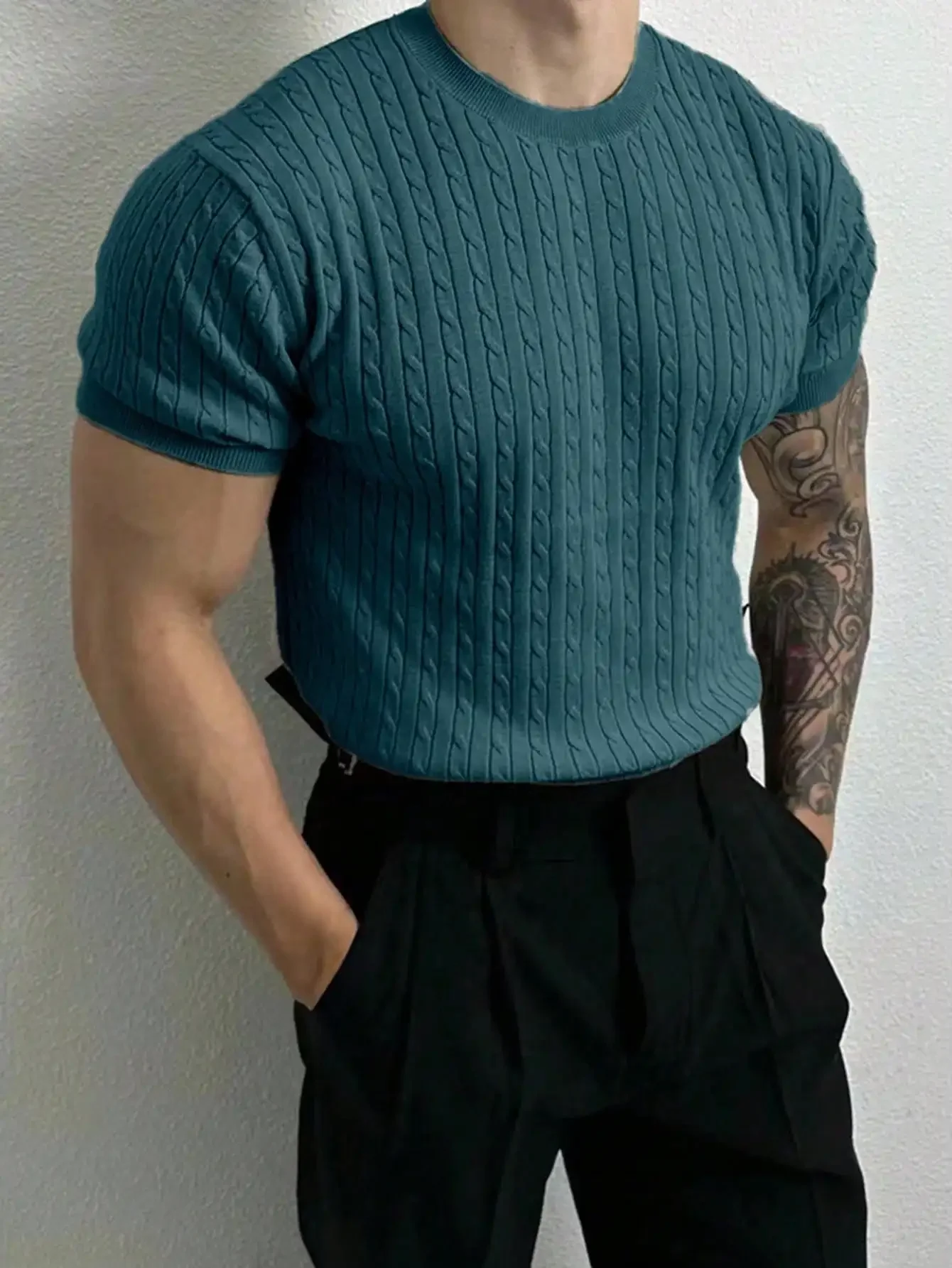Mens Cable Knit Short Sleeve Pullover Sweater