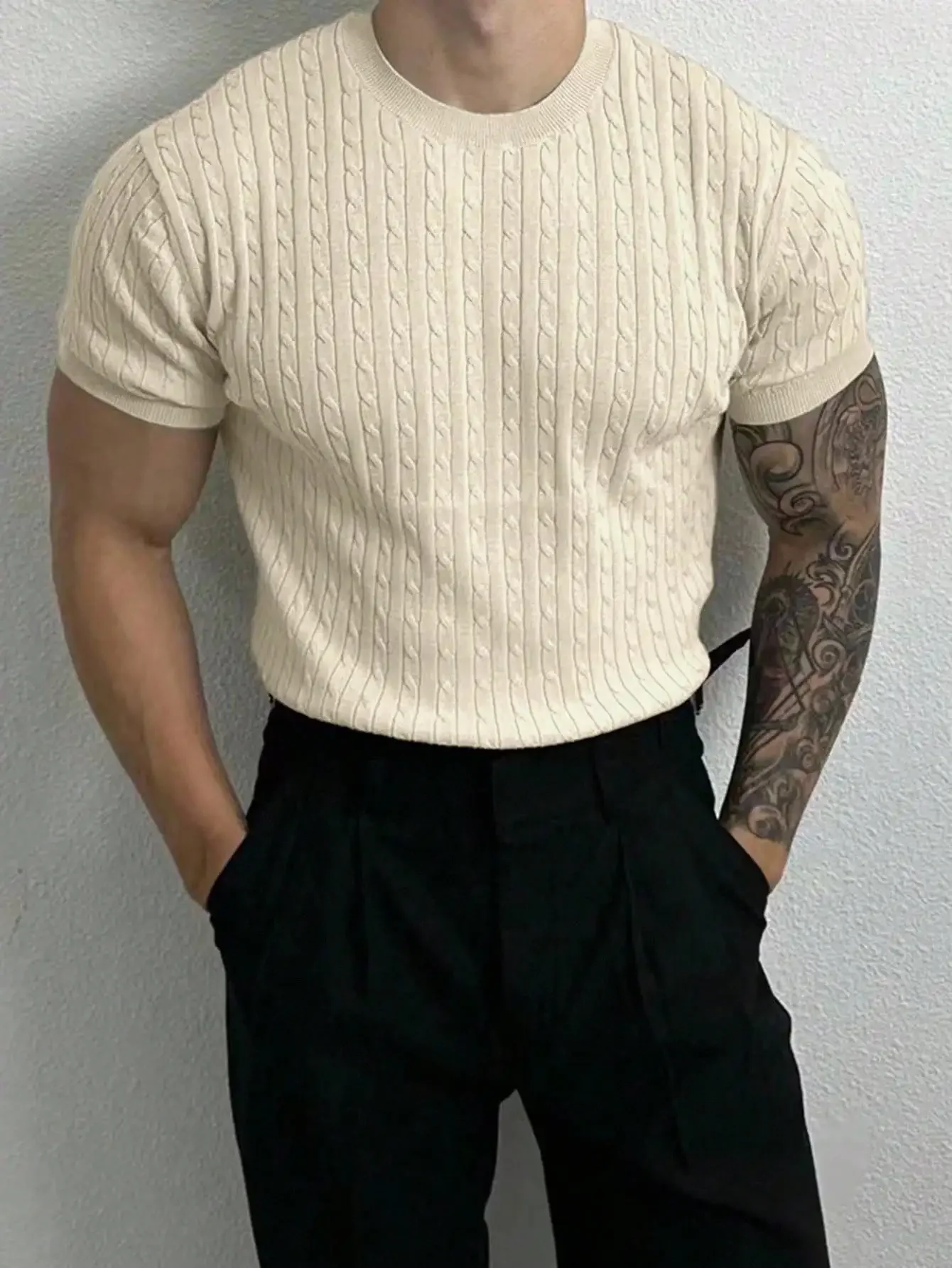 Mens Cable Knit Short Sleeve Pullover Sweater - Image 3