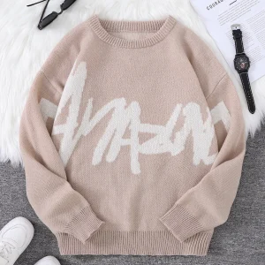New Popular Spring Autumn Graffiti Jacquard Pattern Pullover Sweater Casual Round Neck Contrast Color Knitted Men's Pullover