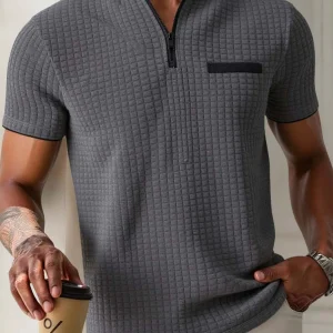 Men's sporty, casual and simple POLO shirt with jacquard check pattern, stand-up collar, semi-zipper, slim short-sleeved shirt
