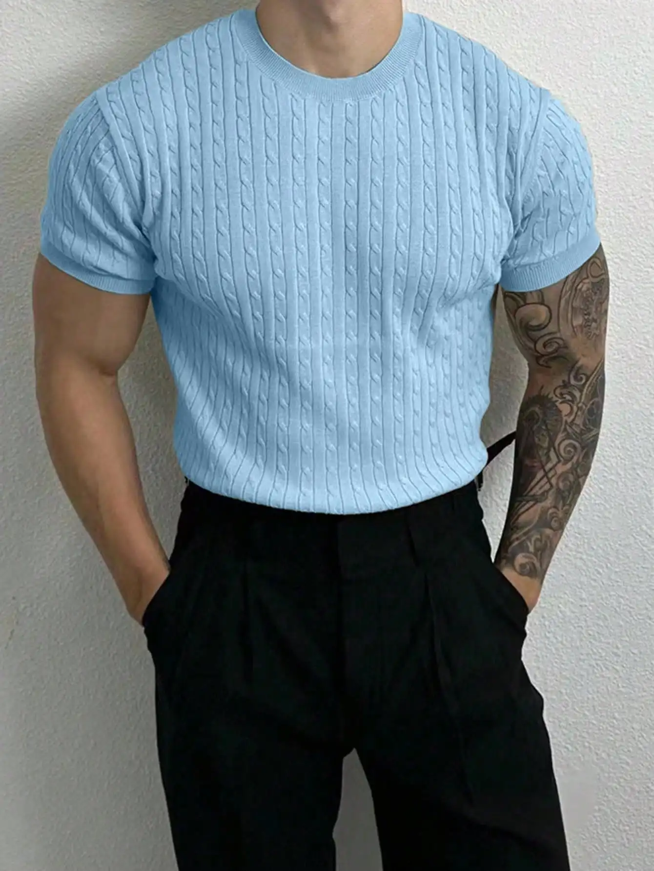 Mens Cable Knit Short Sleeve Pullover Sweater - Image 6