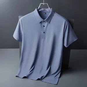 High quality wrinkle resistant ice silk short sleeve t-shirt men's summer Lapel loose casual solid color top high-end polo men