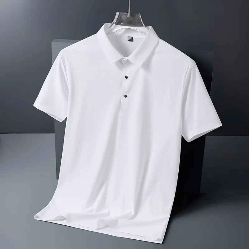 High quality wrinkle resistant ice silk short sleeve t-shirt men's summer Lapel loose casual solid color top high-end polo men - Image 5