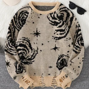 New Trendy Street Style Ripped Abstract Starry Sky Pattern Pullover Ripped Sweater Casual Crew Neck Knitted Men's Pullover
